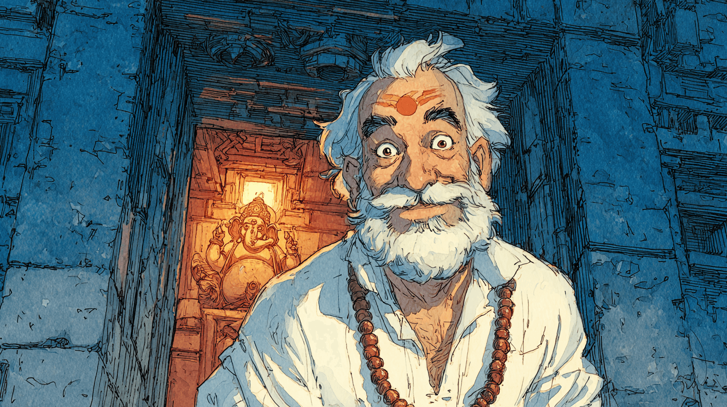 An illustrated portrait of the white-haired adept Nobel before a glowing Ganesha shrine in a blue stone house